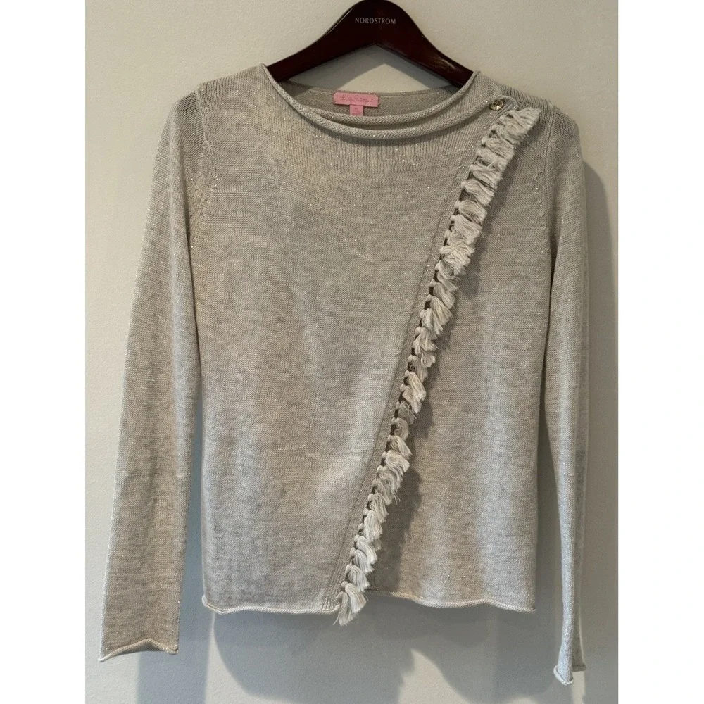 Lilly‎ Pulitzer Girls Mini Avenue Cardigan Gray Silver Wrap Fringe Cozy XL 12-14